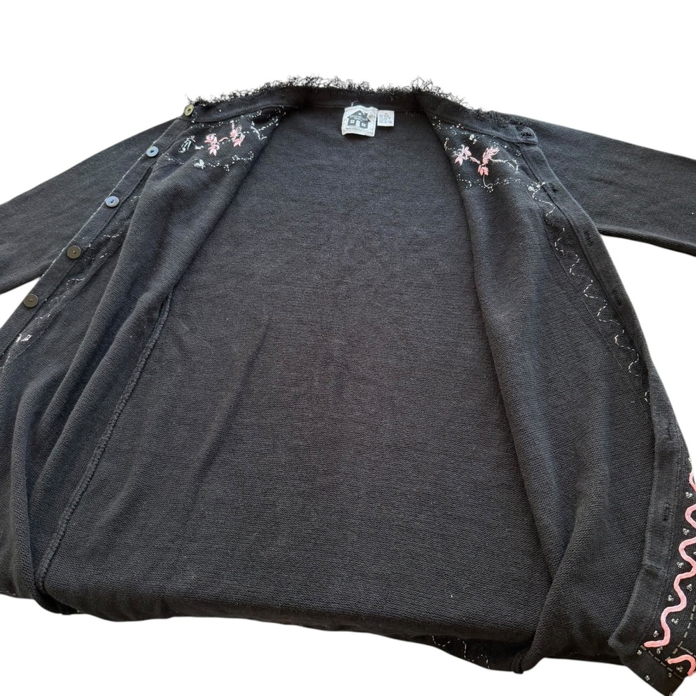 Storybook Knits Vintage M Black Floral Beads Fringe Cardigan Sweater Cottagecore - Picture 6 of 16